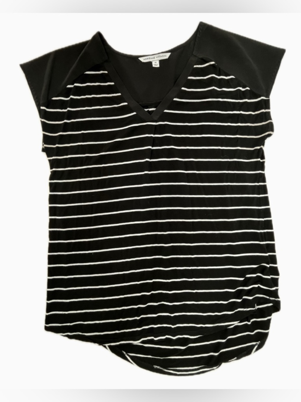 Adrienne Vittadini Black and White Striped V-Neck Cap Sleeve Top